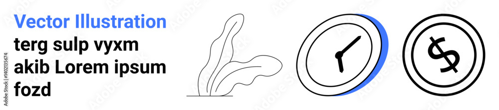 Abstract plant symbolizes growth, clock shows time management, and coin denotes financial focus. Ideal for business, finance, time management, growth, success, economics and abstract line flat Abstract plant symbolizes growth, clock shows time management, and coin denotes financial focus. Ideal for business, finance, time management, growth, success, economics and abstract line flat
