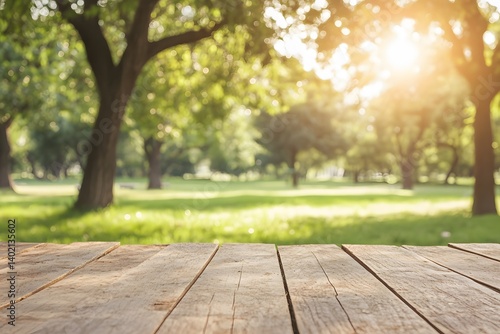 Wallpaper Mural Sunny Park Wooden Table Background Blurred Green Trees Summer Torontodigital.ca