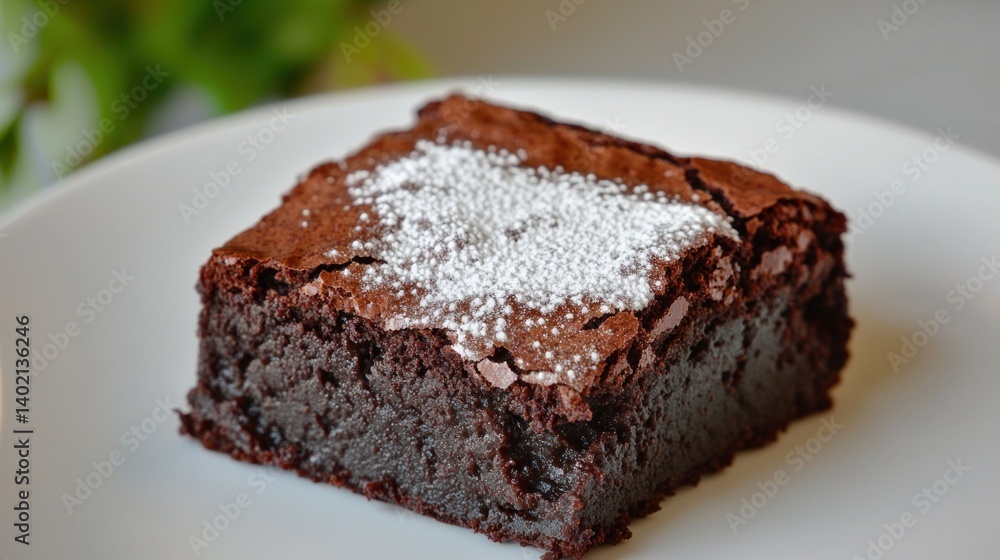 Chocolate brownie square on plate, blurred greenery background Chocolate brownie square on plate, blurred greenery background