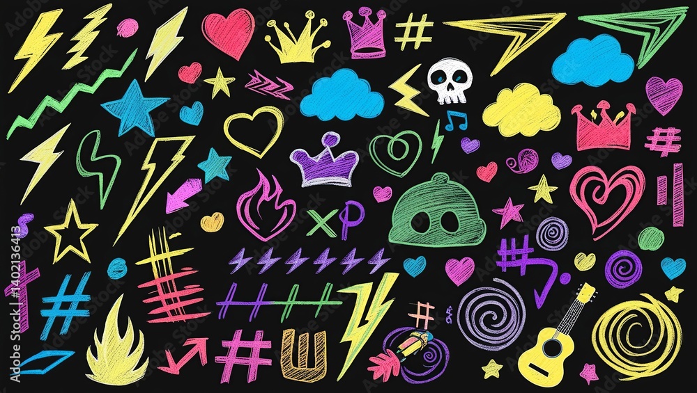 Naklejka premium Set of Vibrant Sketchy Icons and Elements
