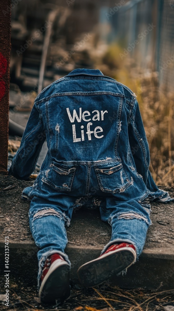 A distressed denim jacket with the message A distressed denim jacket with the message