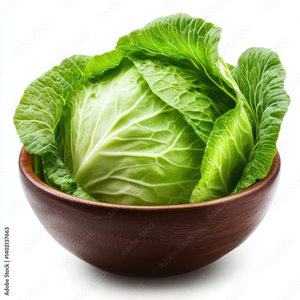 Fototapeta premium Fresh Green Cabbage in Wooden Bowl Isolated White Background Healthy Food Ingredient