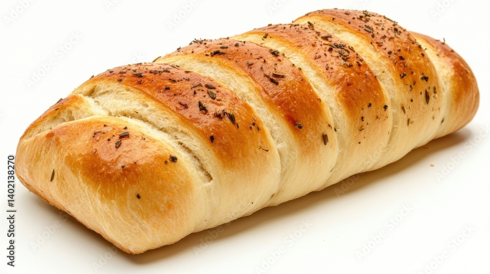 A loaf of bread with herbs, presented on a white background. A loaf of bread with herbs, presented on a white background.