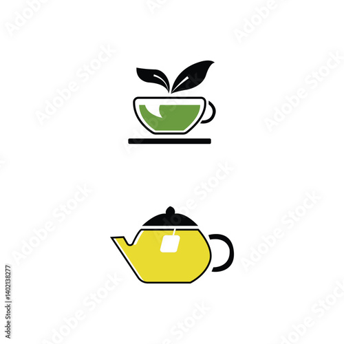 Black tea leaves icons. Hot drink cup, cold iced tea and teapot with steam pictogram. Organic herbal or mint teas logotype, eco leaf tea sign and teapot. Isolated icon vector set