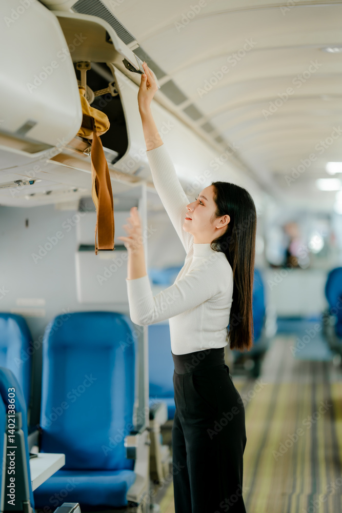 A female tourist is packing her luggage in the airplane cabin. A female tourist is packing her luggage in the airplane cabin.
