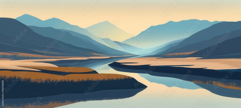 Serene Mountain Landscape with River Illustration for Eco-Tourism Website Banner