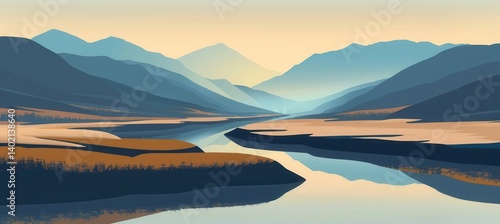 Serene Mountain Landscape with River Illustration for Eco-Tourism Website Banner