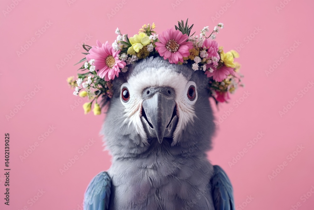 Fototapeta premium Cute baby animal macaw wearing primal flower crown on its head - symbol of sunny holiday season. Isolated pink background, copy space, promotion creative. Joyful wild animal in flower crown.
