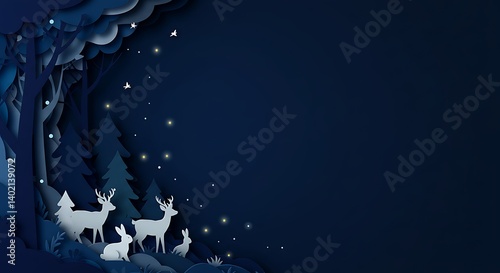 Fototapeta Naklejka Na Ścianę i Meble -  Paper Cut Animals in Winter Forest at Night with Stars