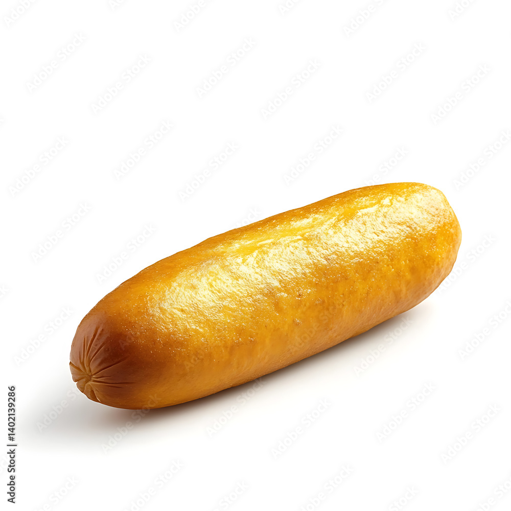 Crispy and golden corn dog with a smooth batter coating and tender hot dog interior, isolated white background, hyperrealism art style