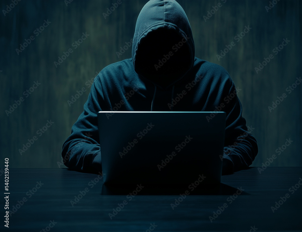 A dark-hooded hacker sits at a desk, facing multiple computer monitors, Computer programmer, Hacker stealing information, Internet crime, Rear view, Hacker, Thief, A programmer, Software engineer. A dark-hooded hacker sits at a desk, facing multiple computer monitors, Computer programmer, Hacker stealing information, Internet crime, Rear view, Hacker, Thief, A programmer, Software engineer.