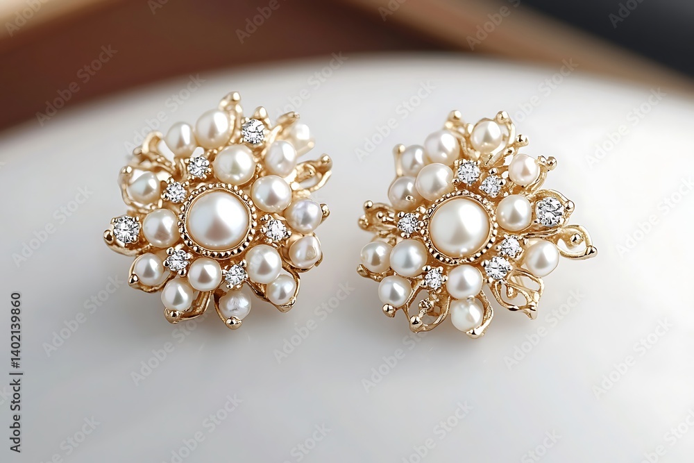 Fototapeta premium Ornate Victorian earrings with pearls and small diamonds, arranged on a smooth white ceramic surface for a classic display.