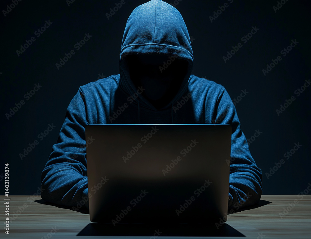 A dark-hooded hacker sits at a desk, facing multiple computer monitors, Computer programmer, Hacker stealing information, Internet crime, Rear view, Hacker, Thief, A programmer, Software engineer. A dark-hooded hacker sits at a desk, facing multiple computer monitors, Computer programmer, Hacker stealing information, Internet crime, Rear view, Hacker, Thief, A programmer, Software engineer.