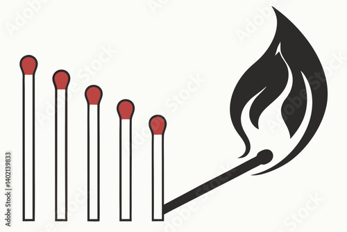 74 matches, burnout, mental health, stress progression, flame, red to black gradient, smoke, conceptual, metaphor, minimalist, white background, symbolic, lined up, progression, evolution of burnout, 