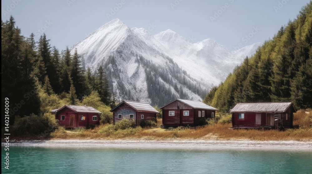 Fototapeta premium Scenic Mountain Lake Cabins Idyllic Alpine Village Escape