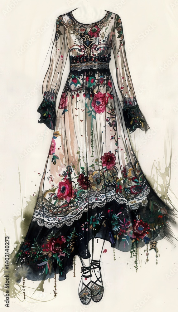 Bohemian Floral Dress Illustration for Fashion Design and Textile Patterns