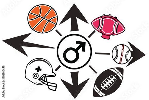 75 Gender symbol, sports equipment, diverse athletic gear, sphere composition, arrows, basketball, boxing glove, baseball, football helmet, colorful, symbolic representation, inclusivity in sports, mu