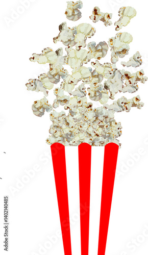 Red and white striped bucket and popcorn flying isolated on transparent background , Corn snack cooked with butter, Fast food story graphic illustration
