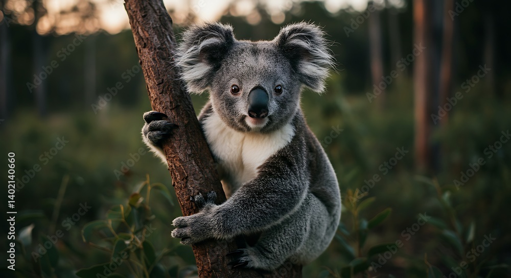 Obraz premium Gray Koala Clinging to Tree Trunk in Australian Bushland at Sunset, Soft Light