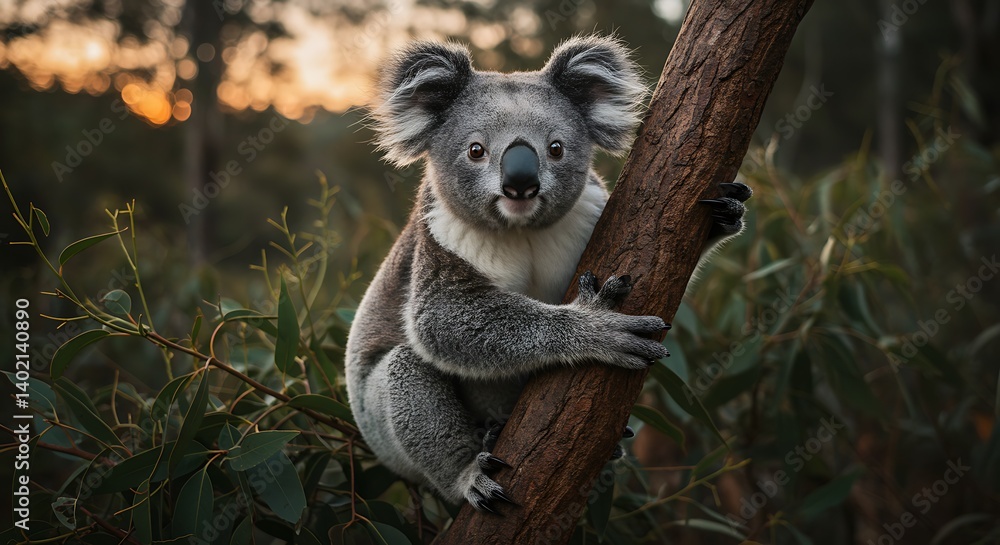 Obraz premium Koala clinging to a eucalyptus branch, soft sunset light filtering through the Australian bush.