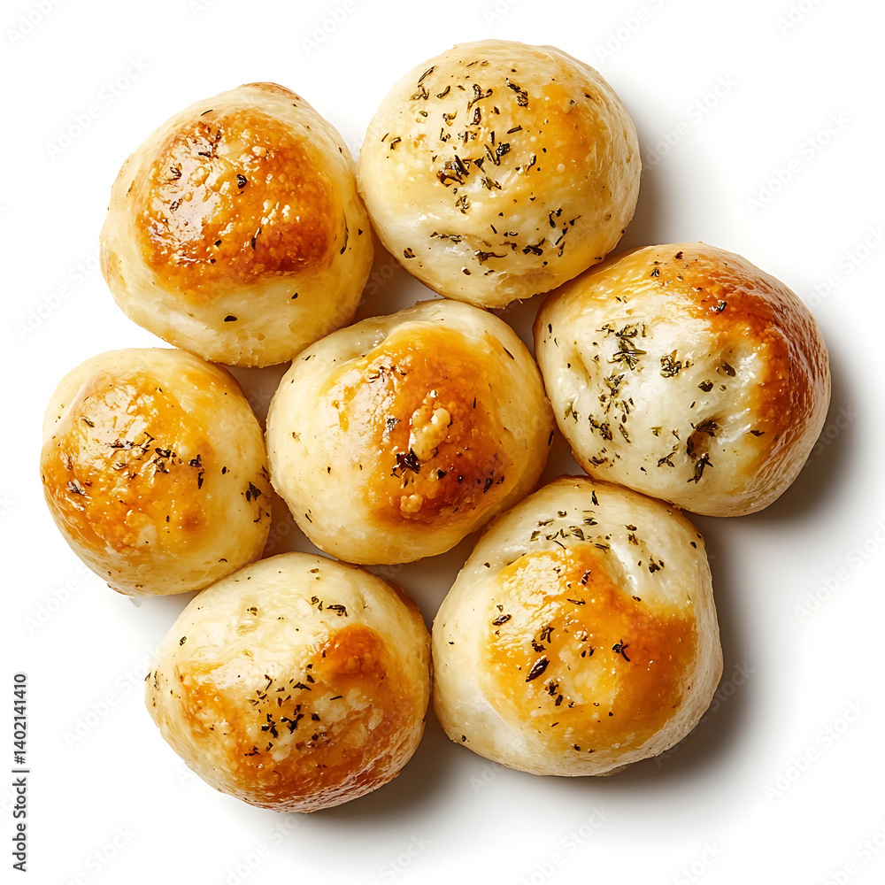 Fluffy and buttery garlic knots with a golden crust and soft interior, isolated white background, modern art style