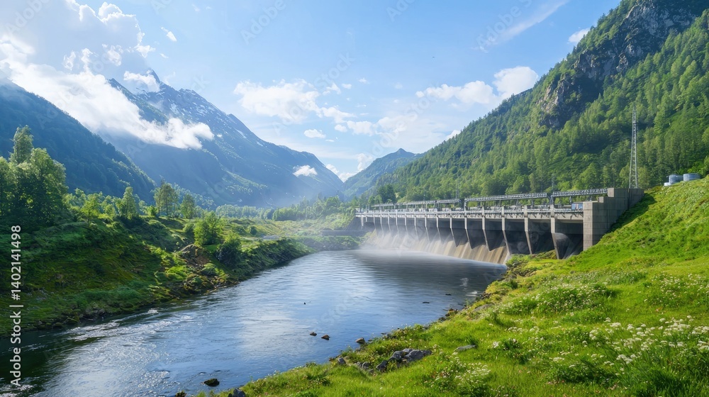Fototapeta premium Scenic View of Hydroelectric Dam Surrounded by Lush Green Mountains
