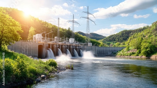 Scenic Hydroelectric Dam at Sunset with River and Power Lines