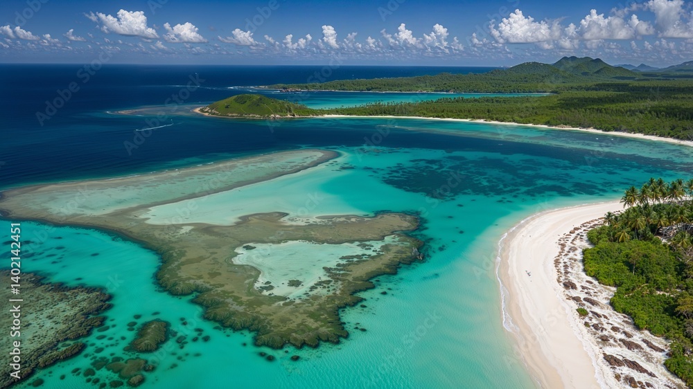 Obraz premium Dream Beach Getaway with Vibrant Coral Reefs and Palm-Lined Shores