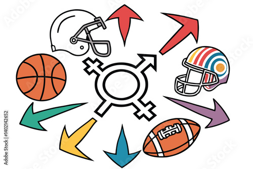75 Gender symbol, sports equipment, diverse athletic gear, sphere composition, arrows, basketball, boxing glove, baseball, football helmet, colorful, symbolic representation, inclusivity in sports, mu