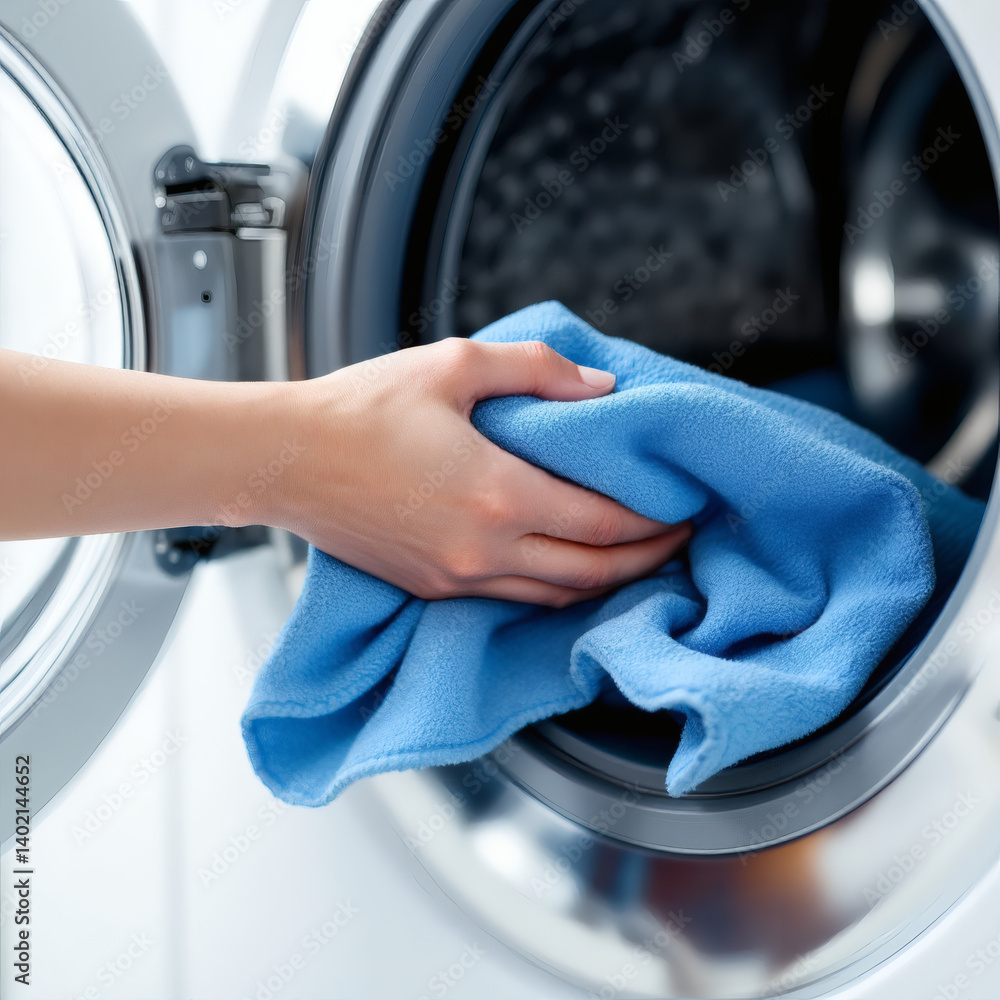 Close-up of Hand Placing Blue Towel into Washing Machine, Modern Laundry Room, Clean Living Concept, Household Chores, Fresh Laundry, Hygienic Lifestyle, Efficient Cleaning, Domestic Routine Close-up of Hand Placing Blue Towel into Washing Machine, Modern Laundry Room, Clean Living Concept, Household Chores, Fresh Laundry, Hygienic Lifestyle, Efficient Cleaning, Domestic Routine