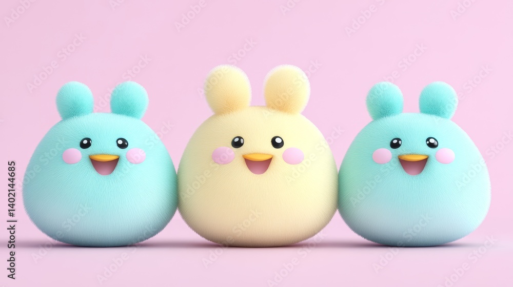 Three cheerful, pastel-colored, cartoonish creatures on a soft pink background. Three cheerful, pastel-colored, cartoonish creatures on a soft pink background.