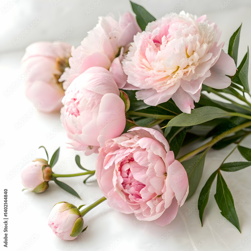Fototapeta premium a delicate cluster of soft pink peonies with lush green leaves