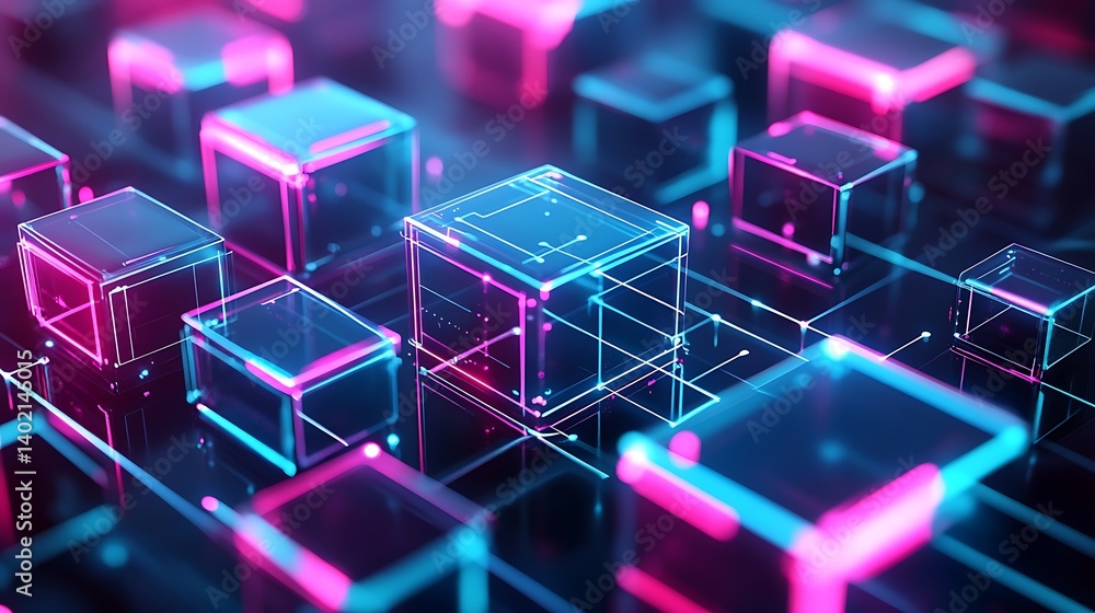 Obraz premium Abstract Neon Cubes with Digital Network for future data structure science connection electronic innovation modern concept.