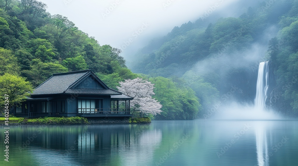 Obraz premium Tranquil Lakeside Cabin with Waterfall