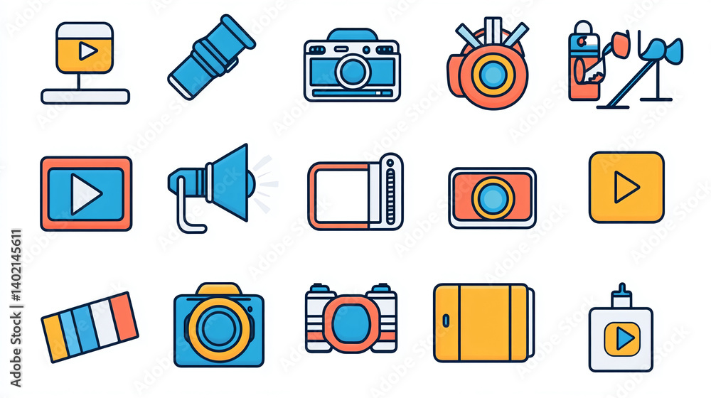 Vector icons of camera equipment and video production tools for creative design projects and media content Vector icons of camera equipment and video production tools for creative design projects and media content