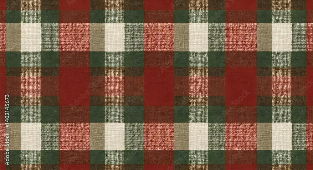 A vibrant plaid fabric featuring a mix of red, green, and neutral colors, creates a cozy, classic texture. A vibrant plaid fabric featuring a mix of red, green, and neutral colors, creates a cozy, classic texture.