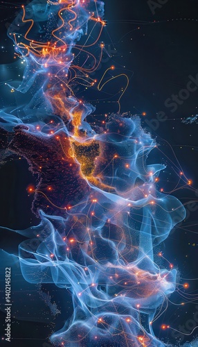Obraz na płótnie Interactive Visualization of Global Cloud Storage Networks with Glowing Data Streams w salonie