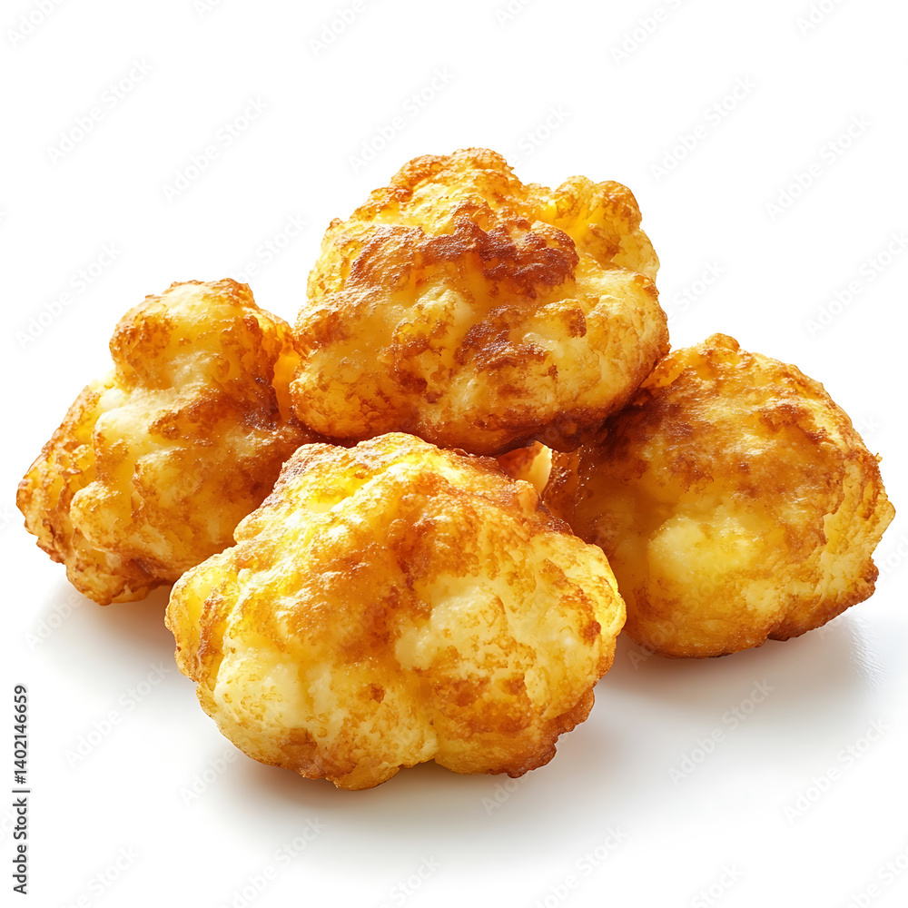 Golden and crispy cauliflower fritters with a crunchy outer layer and a tender, vegetable interior, isolated white background Golden and crispy cauliflower fritters with a crunchy outer layer and a tender, vegetable interior, isolated white background