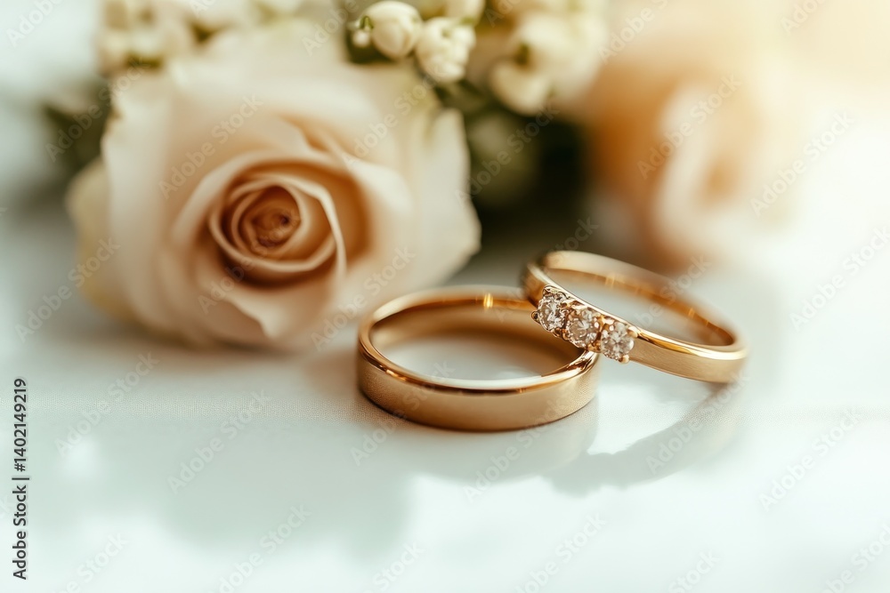 A pair of gold wedding rings gleams near a delicate pink rose, symbolizing love and unity. The composition highlights a timeless romance A pair of gold wedding rings gleams near a delicate pink rose, symbolizing love and unity. The composition highlights a timeless romance