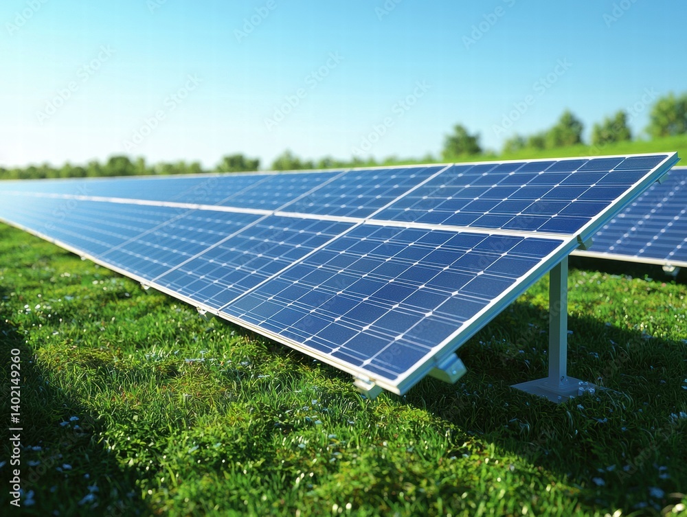 Clean energy solar panels generate electricity in a lush green field under a bright sunny sky. Clean energy solar panels generate electricity in a lush green field under a bright sunny sky.