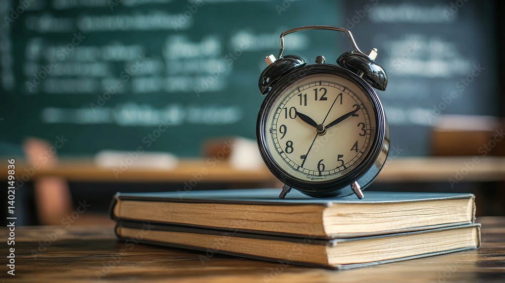 Back to school concept with alarm clock on books time for learning and education in the classroom theme Back to school concept with alarm clock on books time for learning and education in the classroom theme