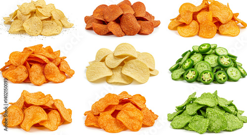 A vibrant collection of crispy potato chips in assorted flavors and colors, showcasing a delightful range of textures and tastes against a bright white background.