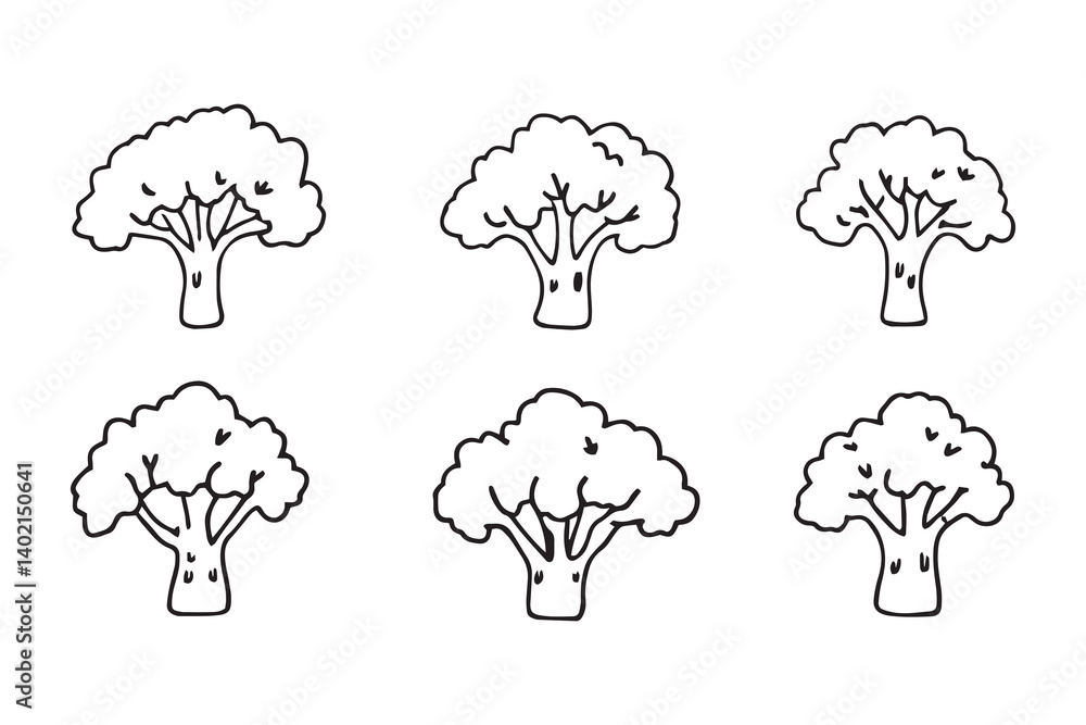 Set of 6 pec in two row Broccoli Leaf line art on white background Set of 6 pec in two row Broccoli Leaf line art on white background