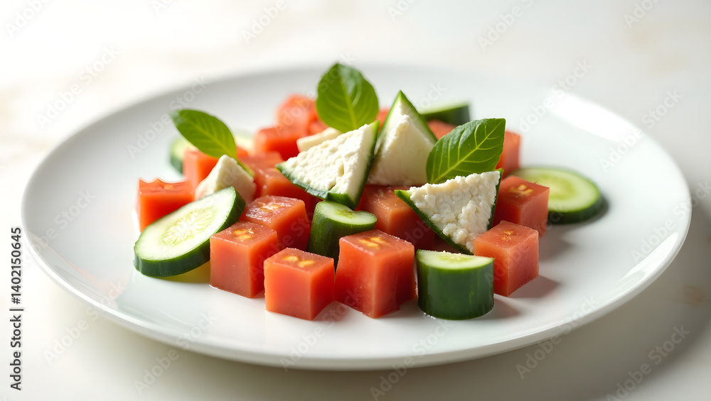A deconstructed salad presented as clean geometric blocks, featuring cubed tomatoes with a subtle sheen, circular cucumber slices with delicate ridges, and triangle feta pieces with crumbly textures A deconstructed salad presented as clean geometric blocks, featuring cubed tomatoes with a subtle sheen, circular cucumber slices with delicate ridges, and triangle feta pieces with crumbly textures