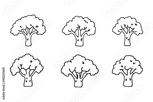 Set of 6 pec in two row  Broccoli Leaf line art on white background