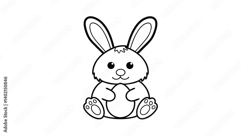 Fototapeta premium Cute Cartoon Easter Bunny Holding Egg In Black And White Outline Style For Coloring Book Activity