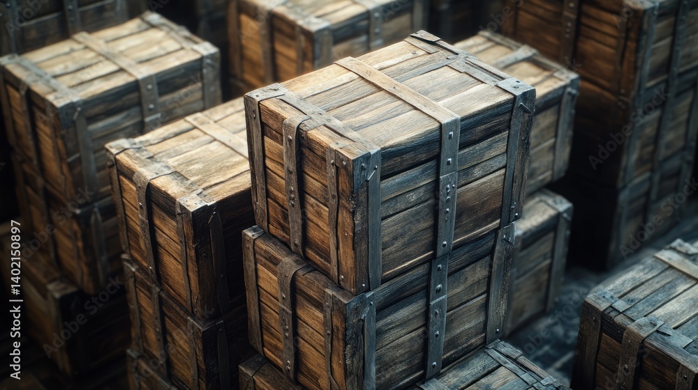 Wooden crates are neatly stacked in a photorealistic top-down perspective, showcasing their rich textures and craftsmanship, highlighting details Wooden crates are neatly stacked in a photorealistic top-down perspective, showcasing their rich textures and craftsmanship, highlighting details