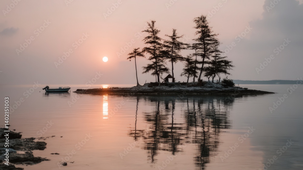 Fototapeta premium Serene Sunset Island Tropical Paradise Calm Ocean Small Boat Trees Peaceful Tranquil