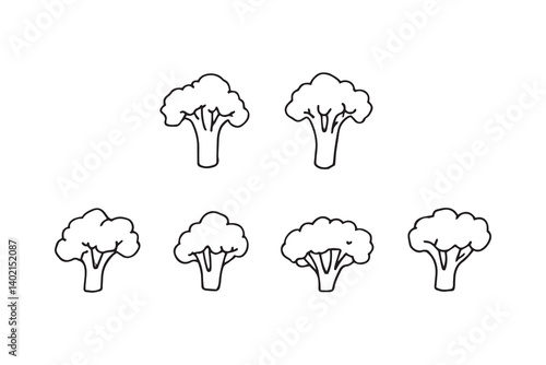 Set of 6 pec in two row  Broccoli Leaf line art on white background