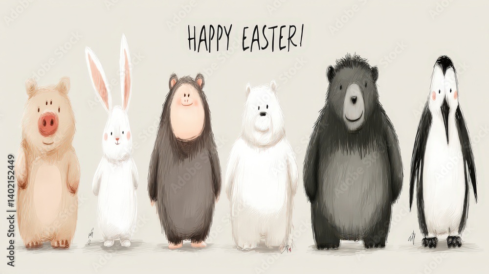 Obraz premium Cute Easter Animals Bunny Pig Bears Penguin Illustration